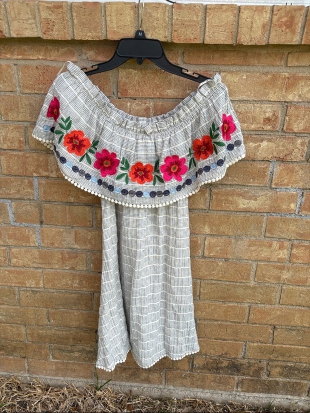 THML Cream Striped Off-Shoulder Dress with Pink & Red Floral Embroidery